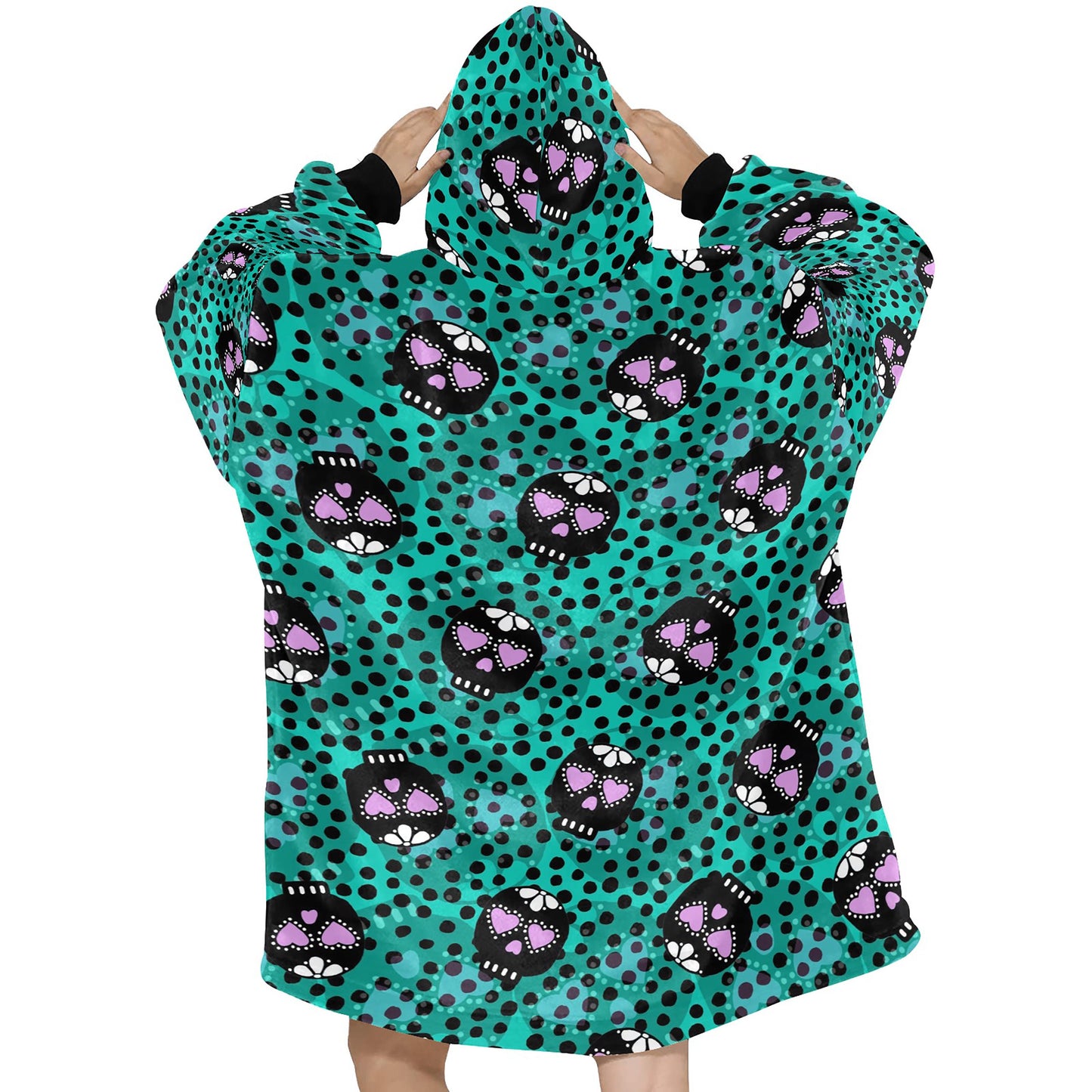 Green Sugar Skull Spooky Halloween Theme Blanket Hooded Jumper Hoodie Winter Oversized Kids Adults
