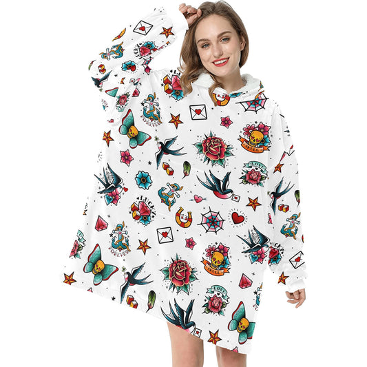 White Retro Tattoo Theme Blanket Hooded Jumper Hoodie Winter Oversized Adults