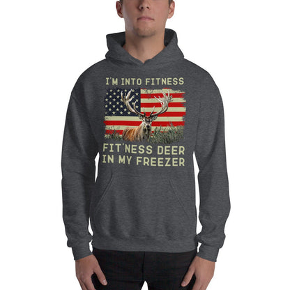 Hunter hoodie, Im into fitness fitness deer in my freezer Hoodie, deer hunting hoodie, American hunter, gift for hunter, American flag deer