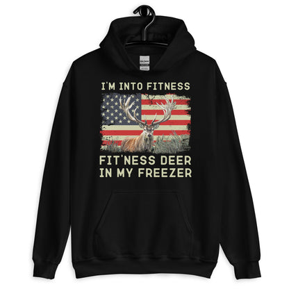 Hunter hoodie, Im into fitness fitness deer in my freezer Hoodie, deer hunting hoodie, American hunter, gift for hunter, American flag deer