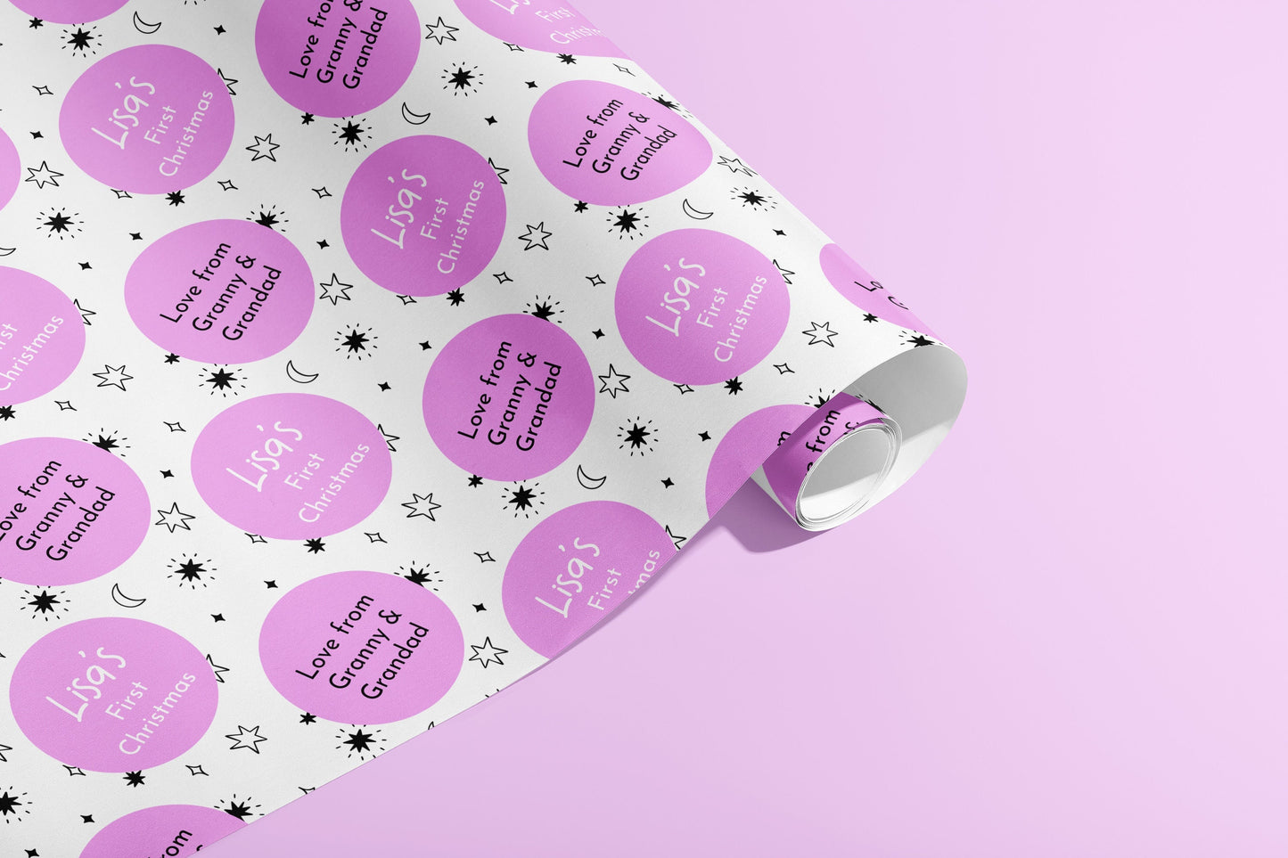 Personalised 1st Christmas Wrapping Paper, Gift Wrap, Customised, New Born, New Baby, Baby Shower, Celebration, Girl, Pink, Paper, Festive