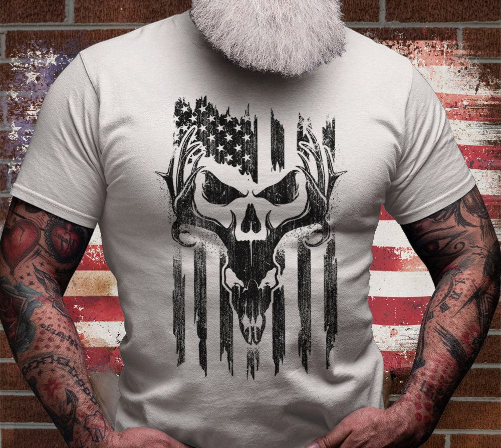 USA Deer Hunting Shirt | Antler Tee Christmas Gift Idea | Wild Life T-shirt | Hunter Cotton Jersey | Outdoor Short Sleeve | Deer Skull Shirt