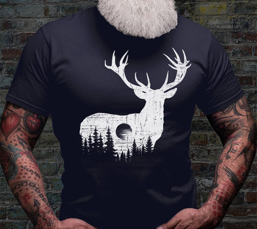 Deer Outdoor Scene Shirt | Antler T-shirt | Hunting Dad Tee Gift Idea | Hunter Short Sleeve | Hunt Life Cotton Jersey | Camping View Shirts