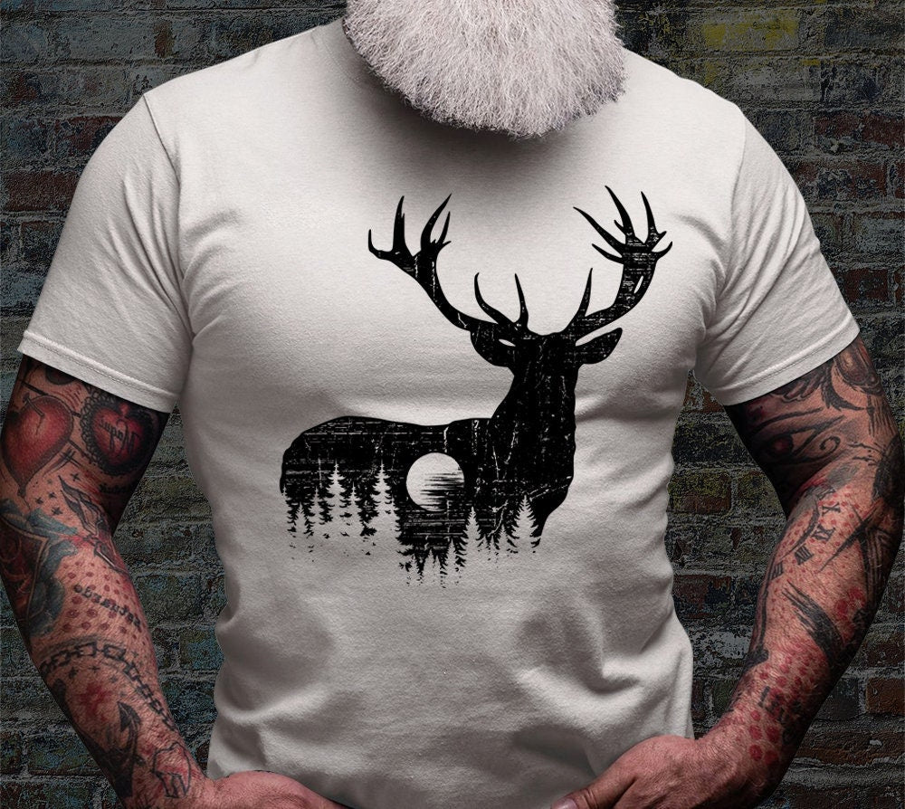 Deer Outdoor Scene Shirt | Antler T-shirt | Hunting Dad Tee Gift Idea | Hunter Short Sleeve | Hunt Life Cotton Jersey | Camping View Shirts