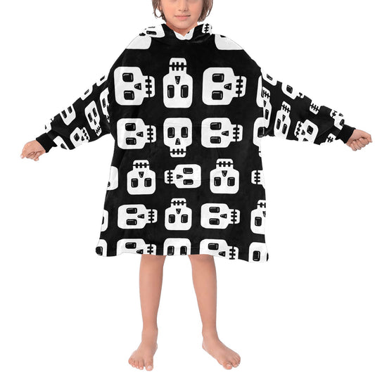 Black White Skulls Spooky Halloween Theme Blanket Hooded Jumper Hoodie Winter Oversized Kids Adults