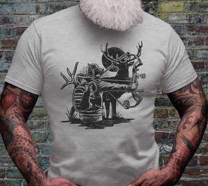 Deer Bow Hunting Shirt | Bow Hunter T-shirt | Outdoor Antler Short Sleeve | Camping Scene Cotton Jersey | Wild Life Tee | Wilderness Gifts