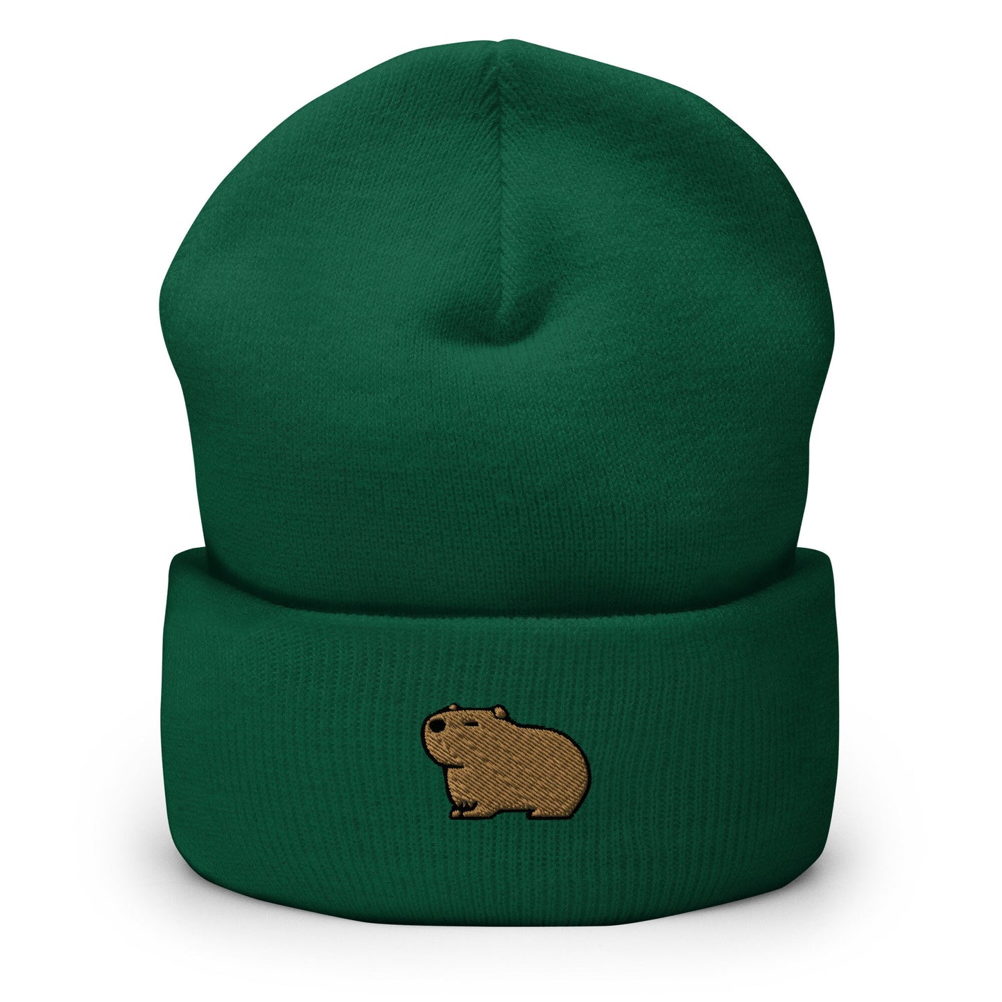 Capybara Embroidered Beanie, Handmade Cuffed Knit Unisex Slouchy Adult Winter Hat Cap Gift