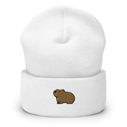 Capybara Embroidered Beanie, Handmade Cuffed Knit Unisex Slouchy Adult Winter Hat Cap Gift
