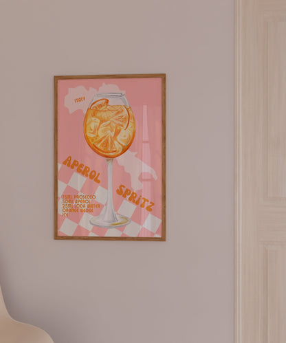 Aperol Spritz Retro Cocktail Print - Pink Checkerboard, Prosecco, Kitchen Poster, Bar Print, Trendy Alcohol Recipe Art, Colourful Groovy