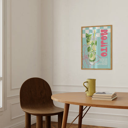 Mojito Retro Cocktail Print - Kitchen Poster, Rum Mint Lime Cocktail, Funky Bar Print, Trendy Alcohol Recipe Art, Colourful Groovy Decor