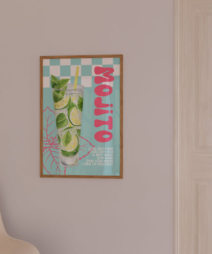 Mojito Retro Cocktail Print - Kitchen Poster, Rum Mint Lime Cocktail, Funky Bar Print, Trendy Alcohol Recipe Art, Colourful Groovy Decor