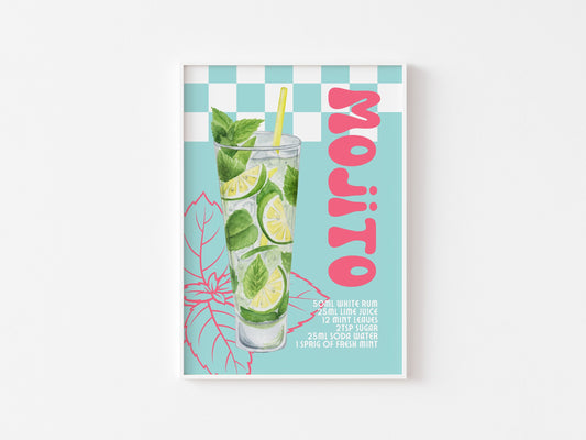 Mojito Retro Cocktail Print - Kitchen Poster, Rum Mint Lime Cocktail, Funky Bar Print, Trendy Alcohol Recipe Art, Colourful Groovy Decor