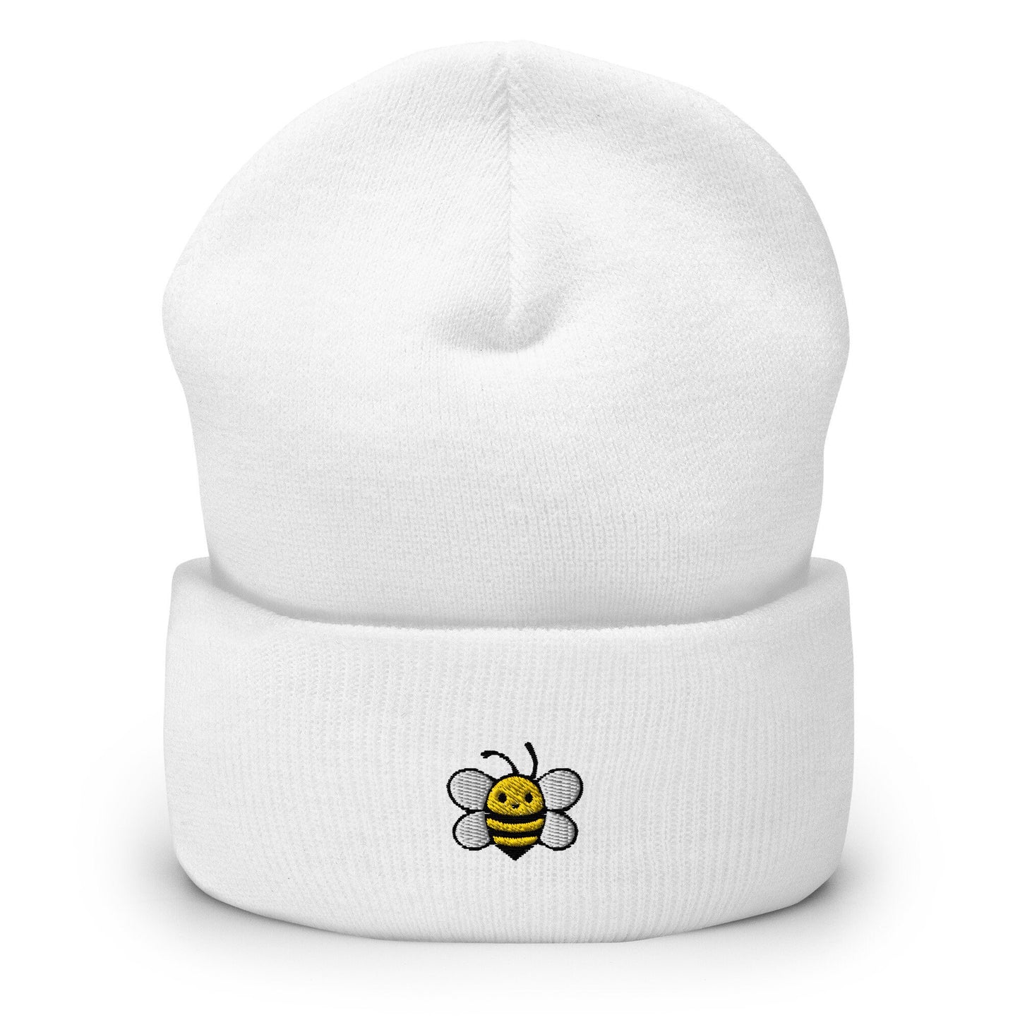 Cute Bee Embroidered Beanie, Handmade Cuffed Knit Unisex Slouchy Adult Winter Hat Cap Gift