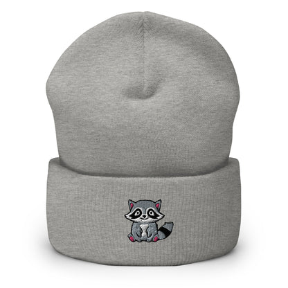 Trash Panda Raccoon Embroidered Beanie, Handmade Cuffed Knit Unisex Slouchy Adult Winter Hat Cap Gift