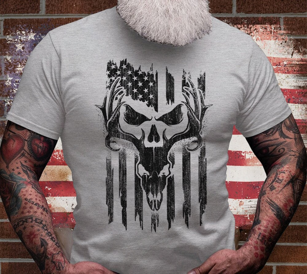 USA Deer Hunting Shirt | Antler Tee Christmas Gift Idea | Wild Life T-shirt | Hunter Cotton Jersey | Outdoor Short Sleeve | Deer Skull Shirt