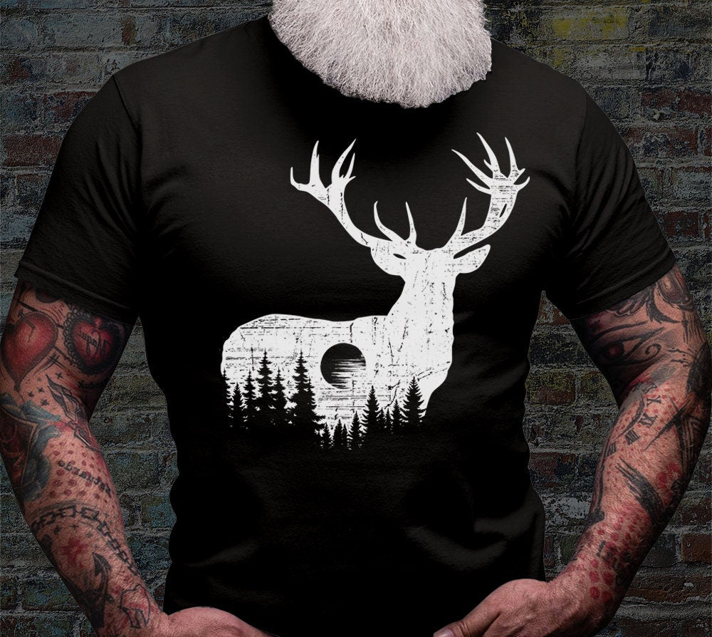Deer Outdoor Scene Shirt | Antler T-shirt | Hunting Dad Tee Gift Idea | Hunter Short Sleeve | Hunt Life Cotton Jersey | Camping View Shirts