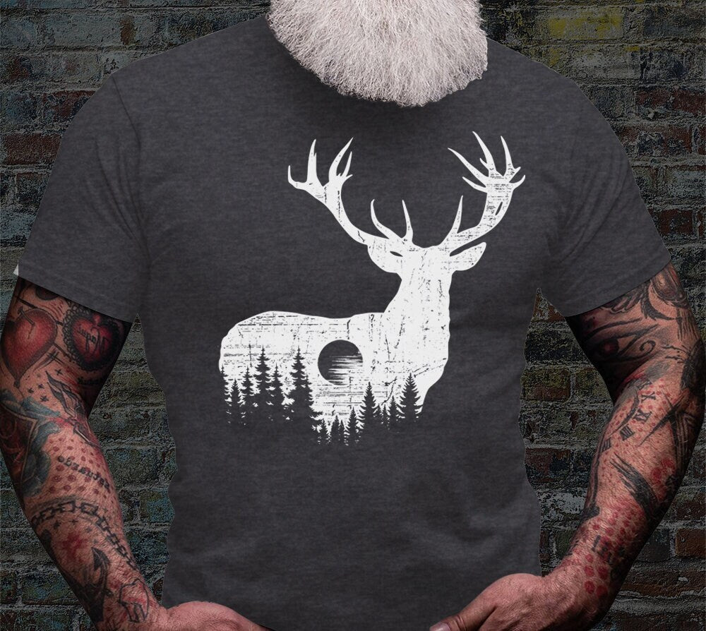 Deer Outdoor Scene Shirt | Antler T-shirt | Hunting Dad Tee Gift Idea | Hunter Short Sleeve | Hunt Life Cotton Jersey | Camping View Shirts