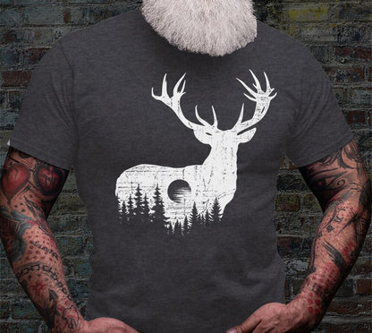 Deer Outdoor Scene Shirt | Antler T-shirt | Hunting Dad Tee Gift Idea | Hunter Short Sleeve | Hunt Life Cotton Jersey | Camping View Shirts