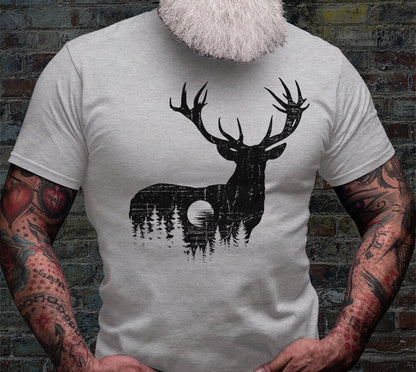 Deer Outdoor Scene Shirt | Antler T-shirt | Hunting Dad Tee Gift Idea | Hunter Short Sleeve | Hunt Life Cotton Jersey | Camping View Shirts