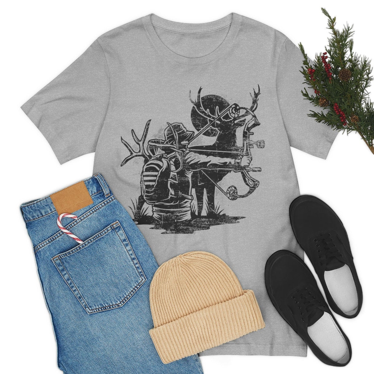 Deer Bow Hunting Shirt | Bow Hunter T-shirt | Outdoor Antler Short Sleeve | Camping Scene Cotton Jersey | Wild Life Tee | Wilderness Gifts