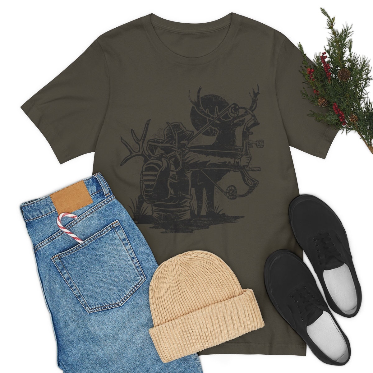 Deer Bow Hunting Shirt | Bow Hunter T-shirt | Outdoor Antler Short Sleeve | Camping Scene Cotton Jersey | Wild Life Tee | Wilderness Gifts
