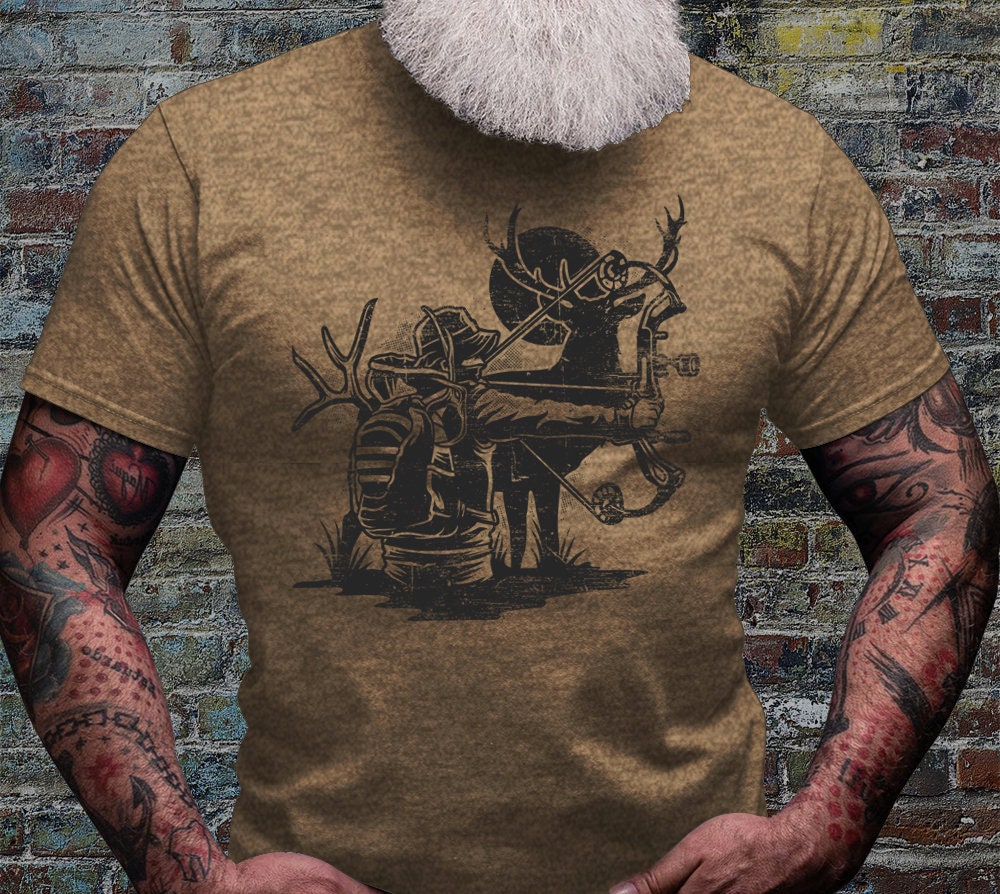 Deer Bow Hunting Shirt | Bow Hunter T-shirt | Outdoor Antler Short Sleeve | Camping Scene Cotton Jersey | Wild Life Tee | Wilderness Gifts