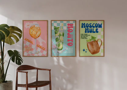 Aperol Spritz Retro Cocktail Print - Pink Checkerboard, Prosecco, Kitchen Poster, Bar Print, Trendy Alcohol Recipe Art, Colourful Groovy