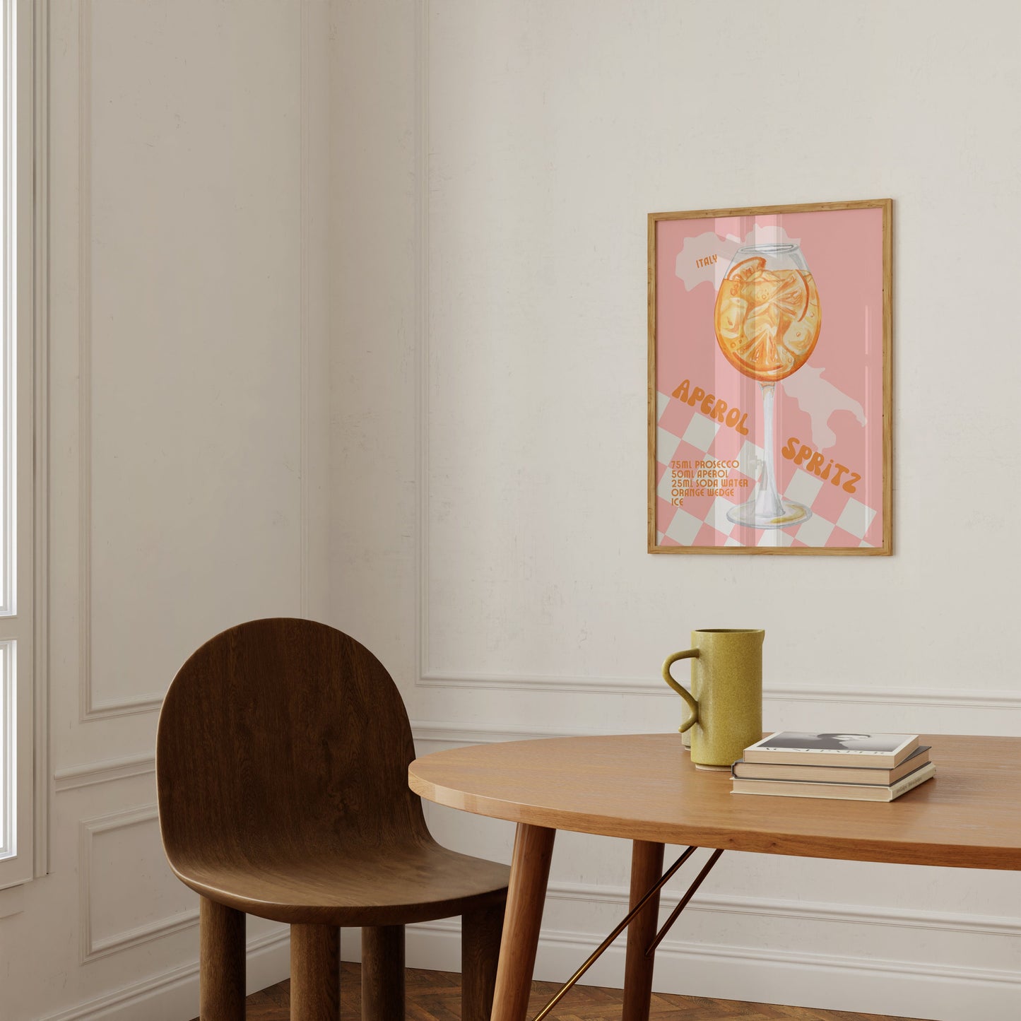 Aperol Spritz Retro Cocktail Print - Pink Checkerboard, Prosecco, Kitchen Poster, Bar Print, Trendy Alcohol Recipe Art, Colourful Groovy