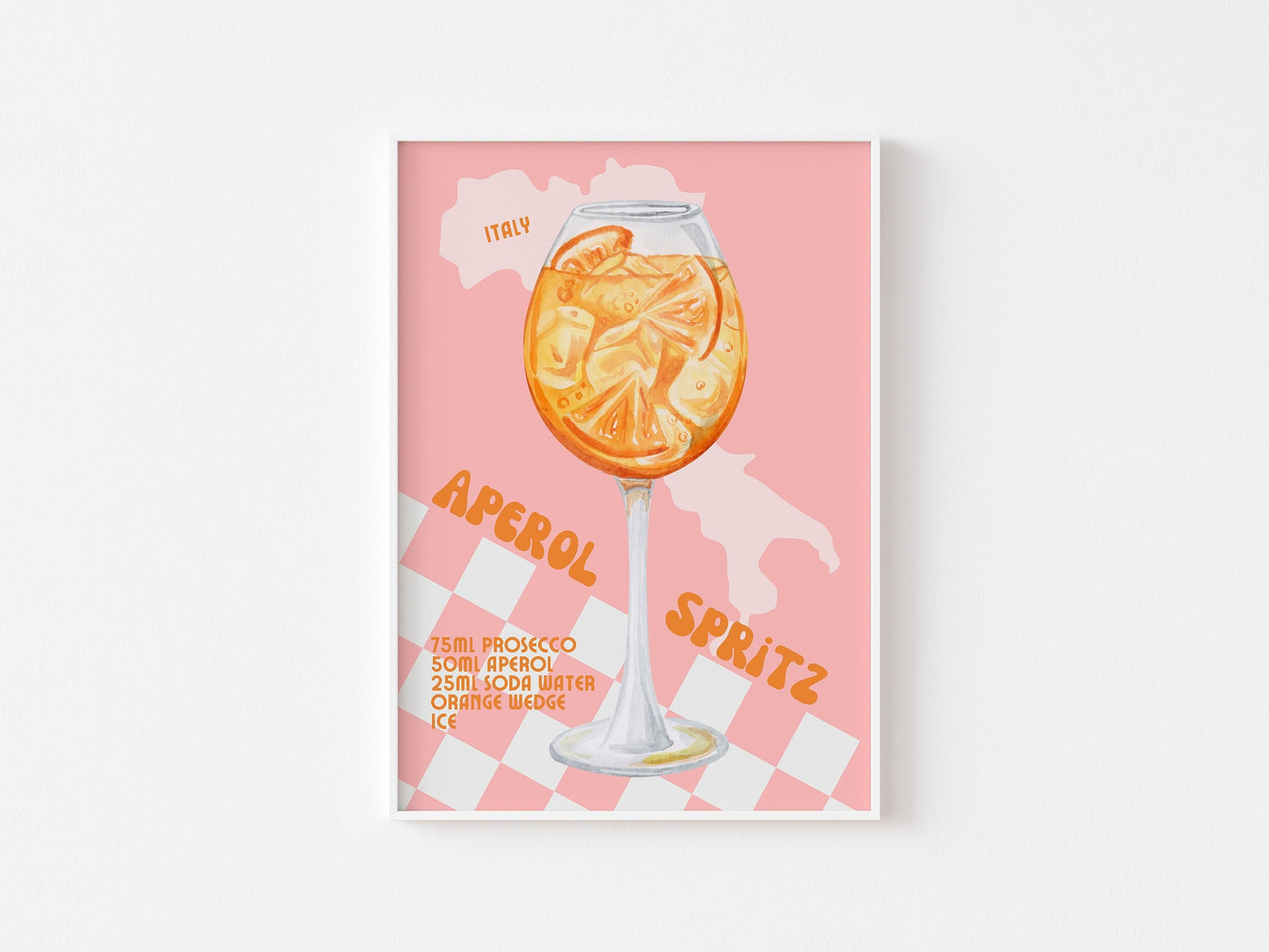 Aperol Spritz Retro Cocktail Print - Pink Checkerboard, Prosecco, Kitchen Poster, Bar Print, Trendy Alcohol Recipe Art, Colourful Groovy