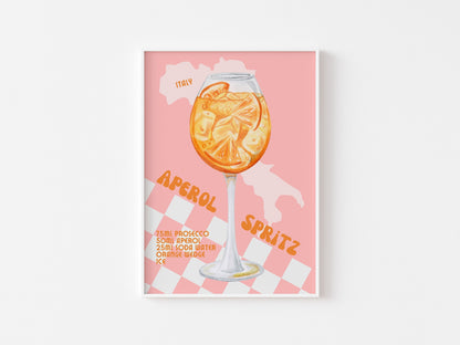 Aperol Spritz Retro Cocktail Print - Pink Checkerboard, Prosecco, Kitchen Poster, Bar Print, Trendy Alcohol Recipe Art, Colourful Groovy