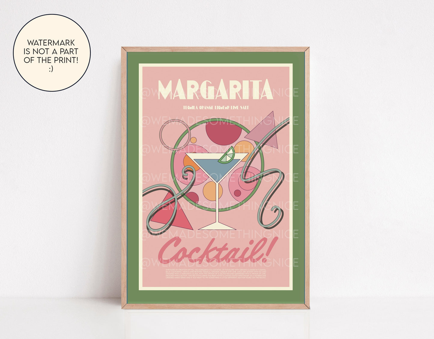 Margarita Cocktail Poster, Food Print, Modern Kitchen Decor, Bar art, Tequila, Gin and Tonic, Exhibition Poster, Retro Wall Art, Pink
