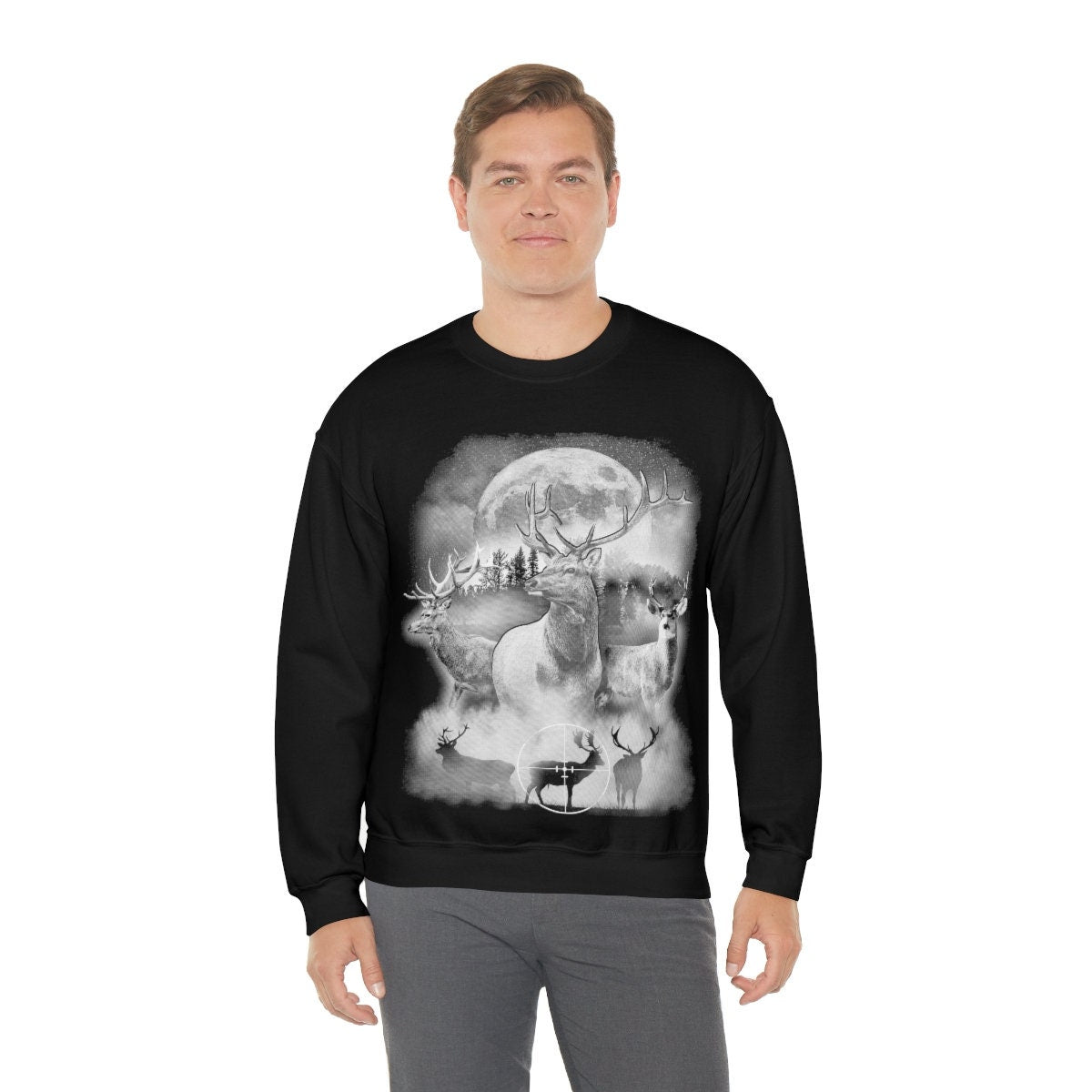 Deer Outdoor Scene Sweatshirt| Hunting Sweater | Hunter Pullover | Antler Dad Gifts | Elk Deer Target Crewneck | Camping View Twilight Tee
