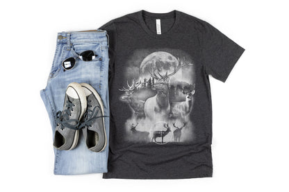 Deer Outdoor Scene Shirt | Hunting T-shirt | Hunter Shirts | Antler Dad Gift Idea | Elk Deer Target Tee | Camping View Tshirt | Twilight Tee