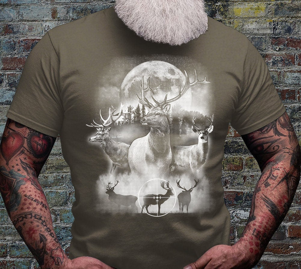 Deer Outdoor Scene Shirt | Hunting T-shirt | Hunter Shirts | Antler Dad Gift Idea | Elk Deer Target Tee | Camping View Tshirt | Twilight Tee