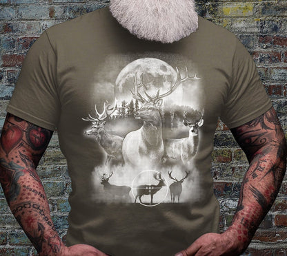 Deer Outdoor Scene Shirt | Hunting T-shirt | Hunter Shirts | Antler Dad Gift Idea | Elk Deer Target Tee | Camping View Tshirt | Twilight Tee