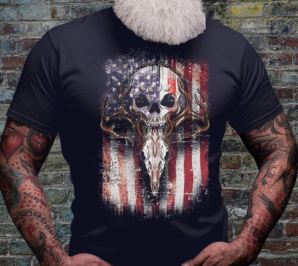 USA Deer Hunting Shirt | Hunter Tshirt | Antler Dad Gift Idea | Longhorn Deer Skull Shirts | US Western Boho Tee Gifts | Buffalo Head Tshirt