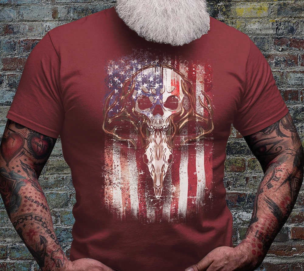 USA Deer Hunting Shirt | Hunter Tshirt | Antler Dad Gift Idea | Longhorn Deer Skull Shirts | US Western Boho Tee Gifts | Buffalo Head Tshirt