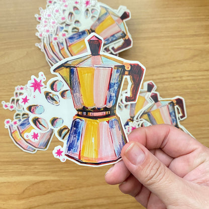Moka Pot Coffee Beans | Hand-Illustrated Large 4" Clear Vinyl Sticker
