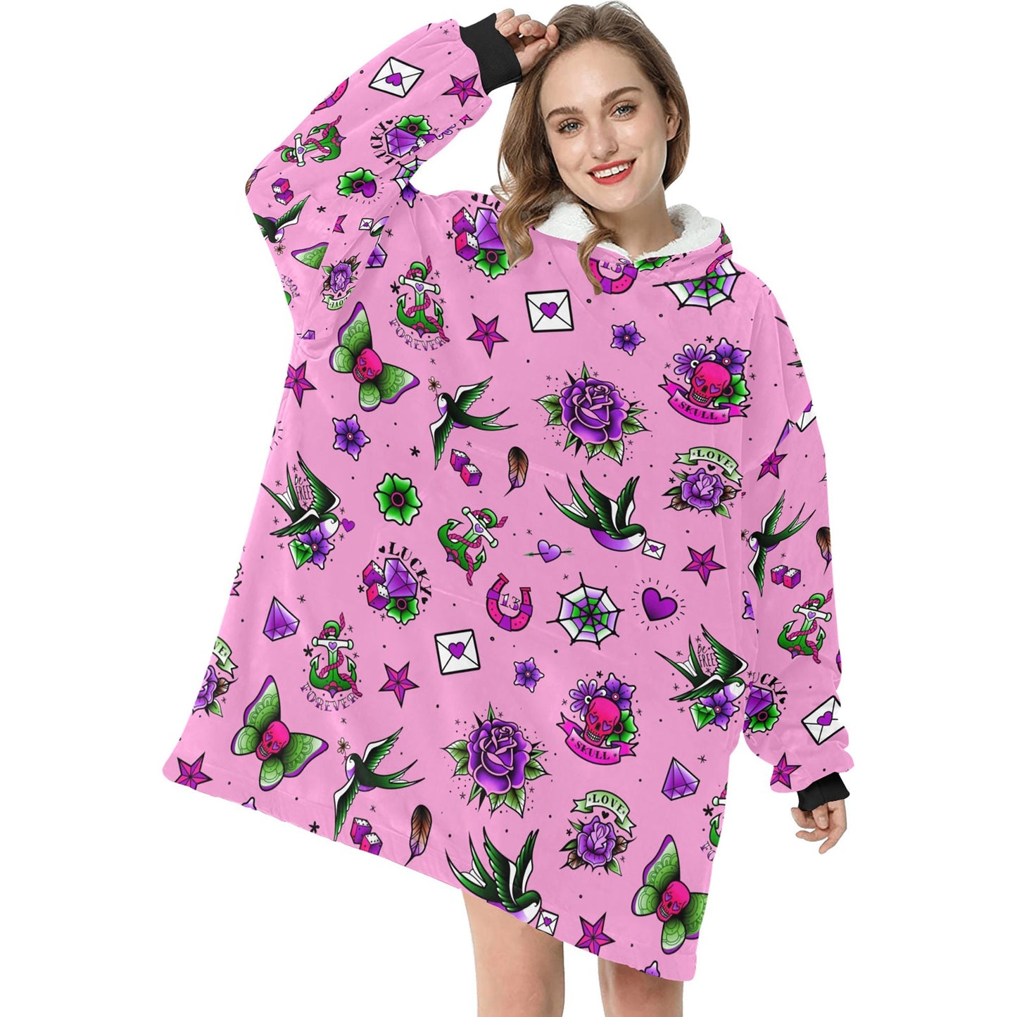 Pink Retro Tattoo Theme Blanket Hooded Jumper Hoodie Winter Oversized Kids Adults