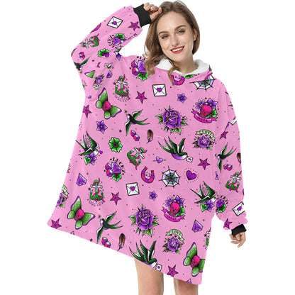 Pink Retro Tattoo Theme Blanket Hooded Jumper Hoodie Winter Oversized Kids Adults