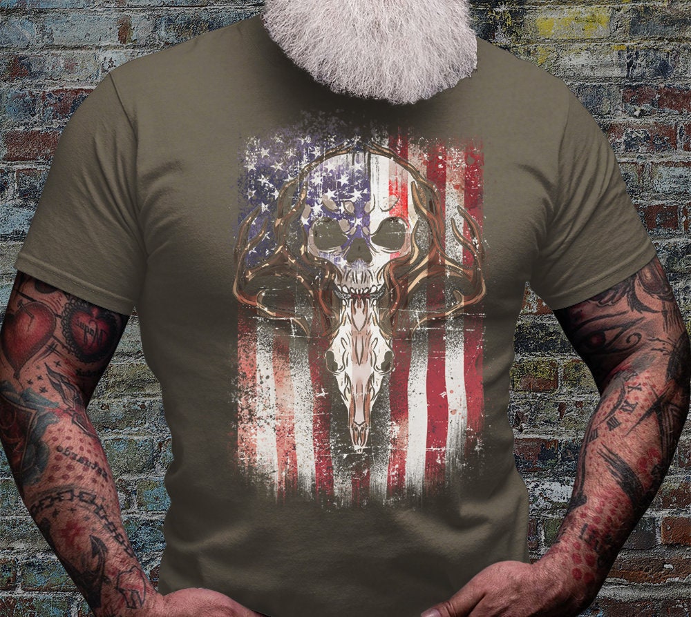 USA Deer Hunting Shirt | Hunter Tshirt | Antler Dad Gift Idea | Longhorn Deer Skull Shirts | US Western Boho Tee Gifts | Buffalo Head Tshirt