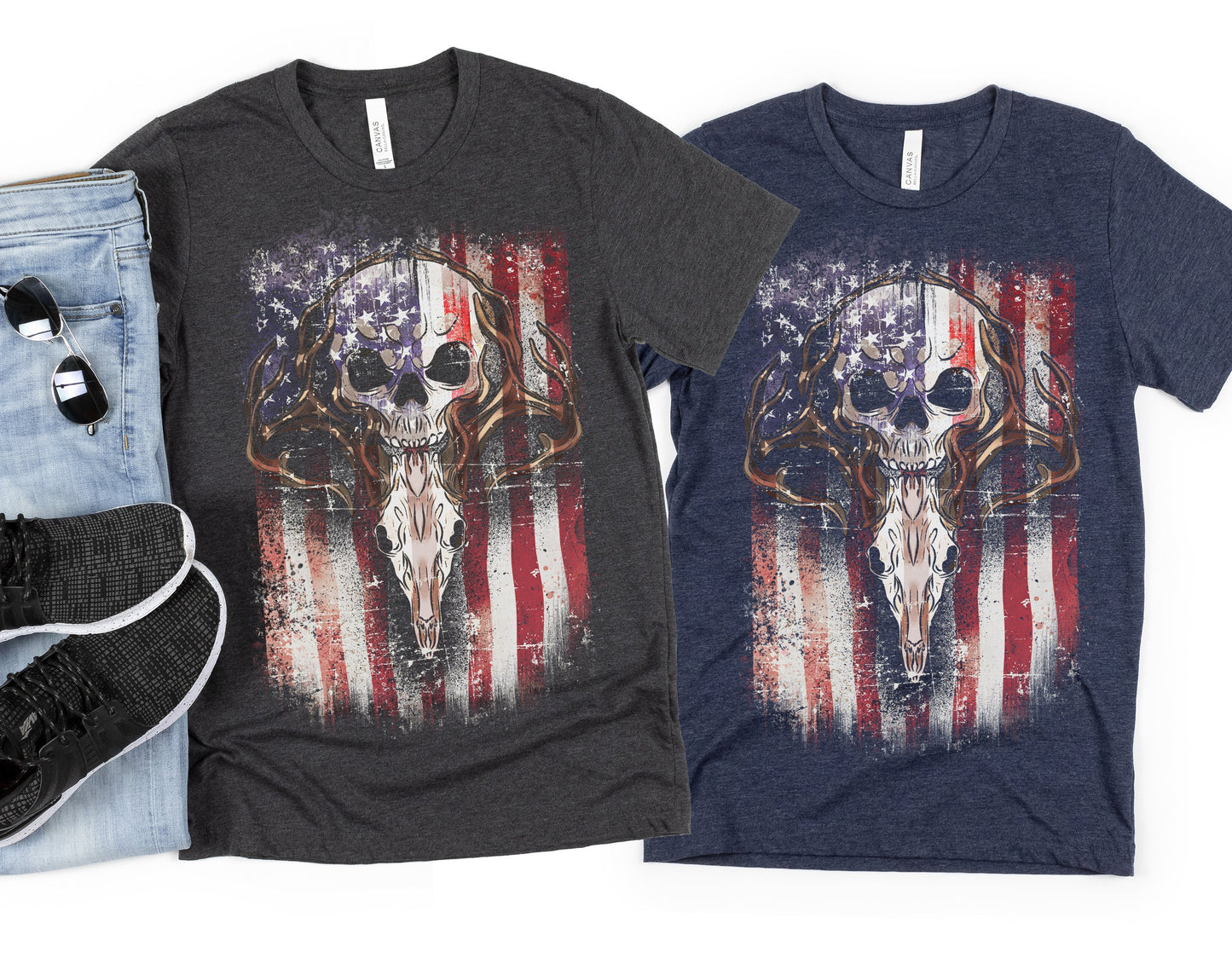 USA Deer Hunting Shirt | Hunter Tshirt | Antler Dad Gift Idea | Longhorn Deer Skull Shirts | US Western Boho Tee Gifts | Buffalo Head Tshirt