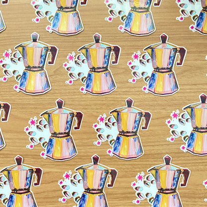 Moka Pot Coffee Beans | Hand-Illustrated Large 4" Clear Vinyl Sticker