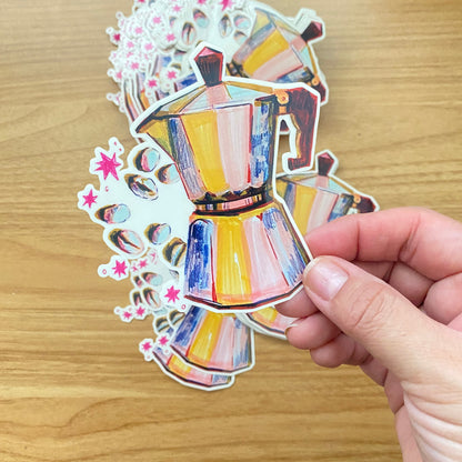 Moka Pot Coffee Beans | Hand-Illustrated Large 4" Clear Vinyl Sticker