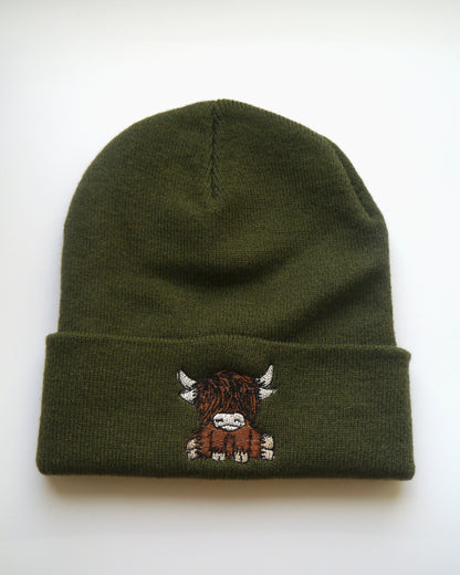 Cute Scottish Highland Cow Embroidered Beanie - Scotland - Highland Coo - Free Delivery - More Colours - Animal Farm - Embroidery
