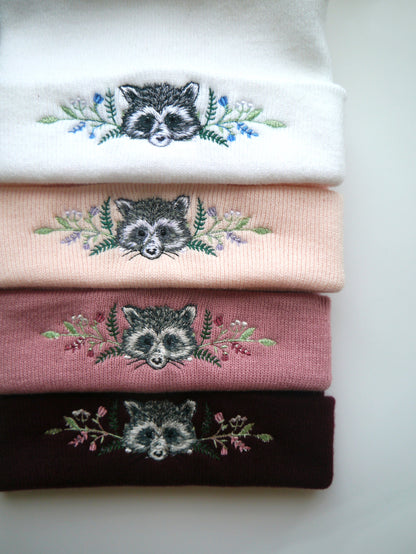 Lovely Floral Racoon Embroidered Beanie - More Colours - Free Delivery - Trash Panda