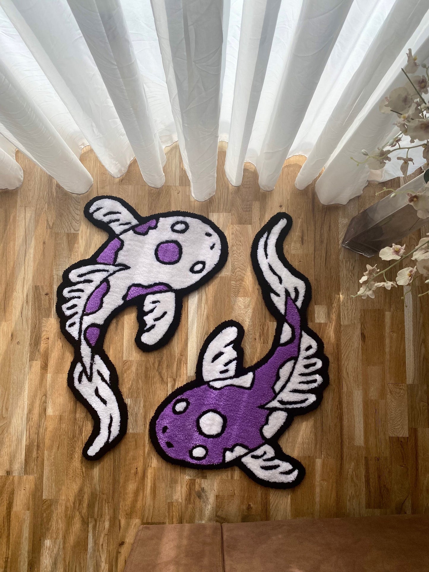 Any color and size variations 2 Kohaku fishes handmade tufted Rug