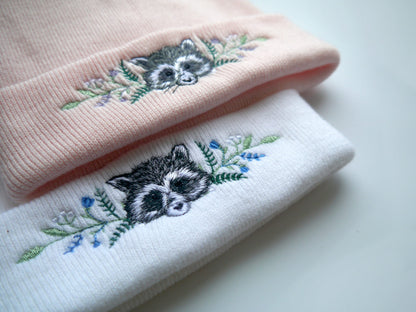 Lovely Floral Racoon Embroidered Beanie - More Colours - Free Delivery - Trash Panda