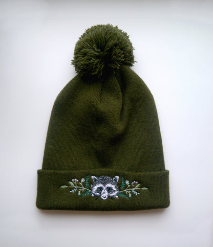 Lovely Floral Racoon Embroidered Beanie - More Colours - Free Delivery - Trash Panda