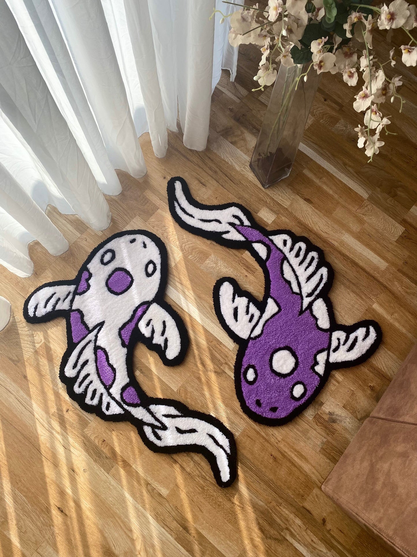 Any color and size variations 2 Kohaku fishes handmade tufted Rug